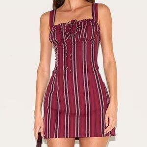 PRETTY LITTLE THING Burgundy Pinstripe Tie Detail Mini Dress